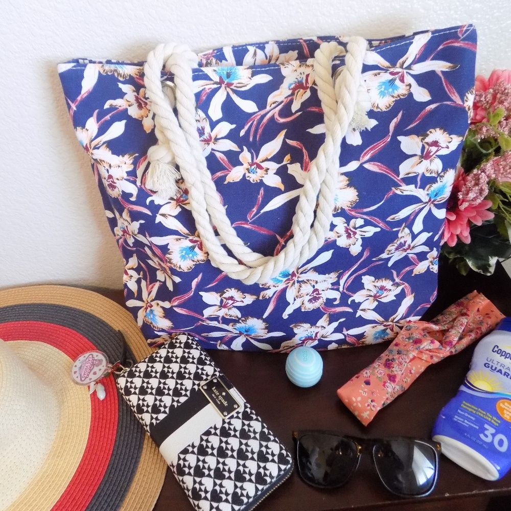 Blue Flora Beach Tote Bag